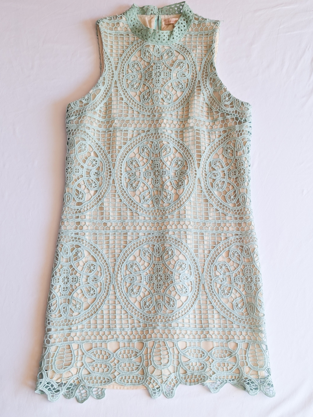Champagne & Strawberry Lace Crochet Mint/Nude High Neck Sleeveless Dress Large